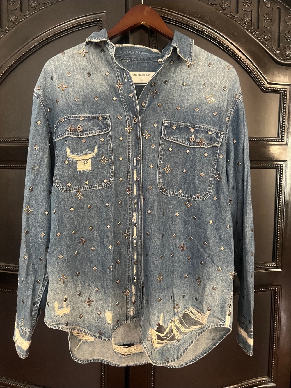 One Teaspoon Embellished Distressed Denim Shirt
